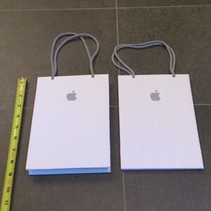Lot of 2 genuine Apple white paper gift bags with gray handles, 9” x 6”